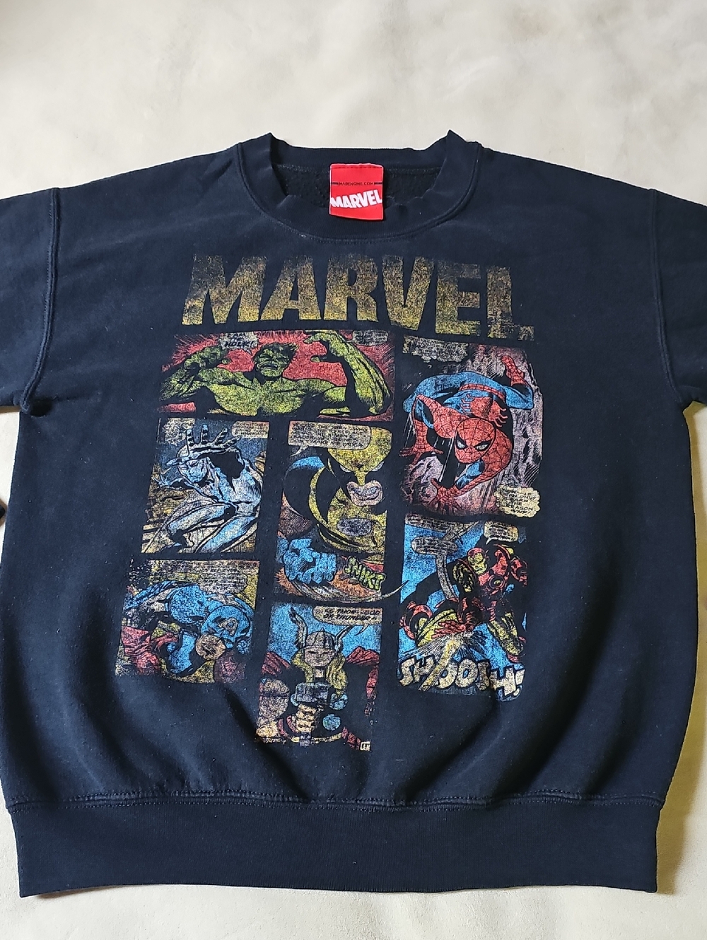 Marvel Black Crewneck Sweatshirt with Gold Logo and Multicolor Comic Art
